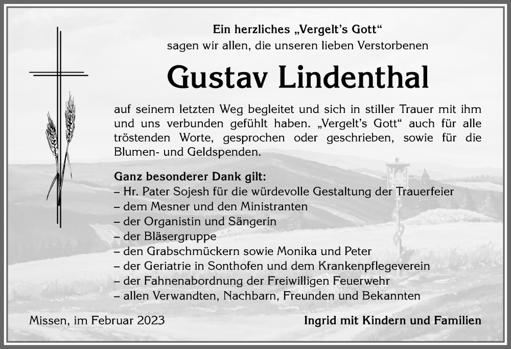 Traueranzeige von Gustav Lindenthal von Allgäuer Anzeigeblatt