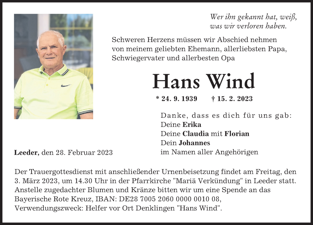 Traueranzeigen Von Hans Wind Augsburger Allgemeine Zeitung