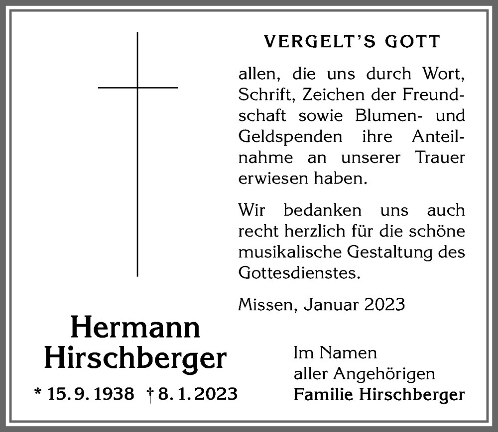 Traueranzeige von Hermann Hirschberger von Allgäuer Anzeigeblatt