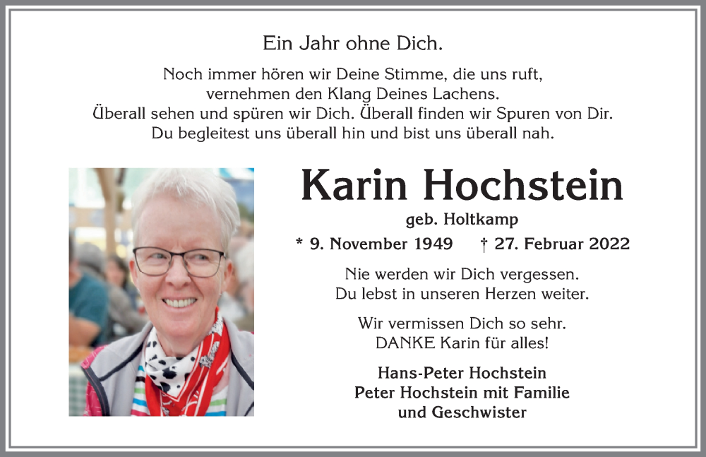 Traueranzeige von Karin Hochstein von Allgäuer Anzeigeblatt