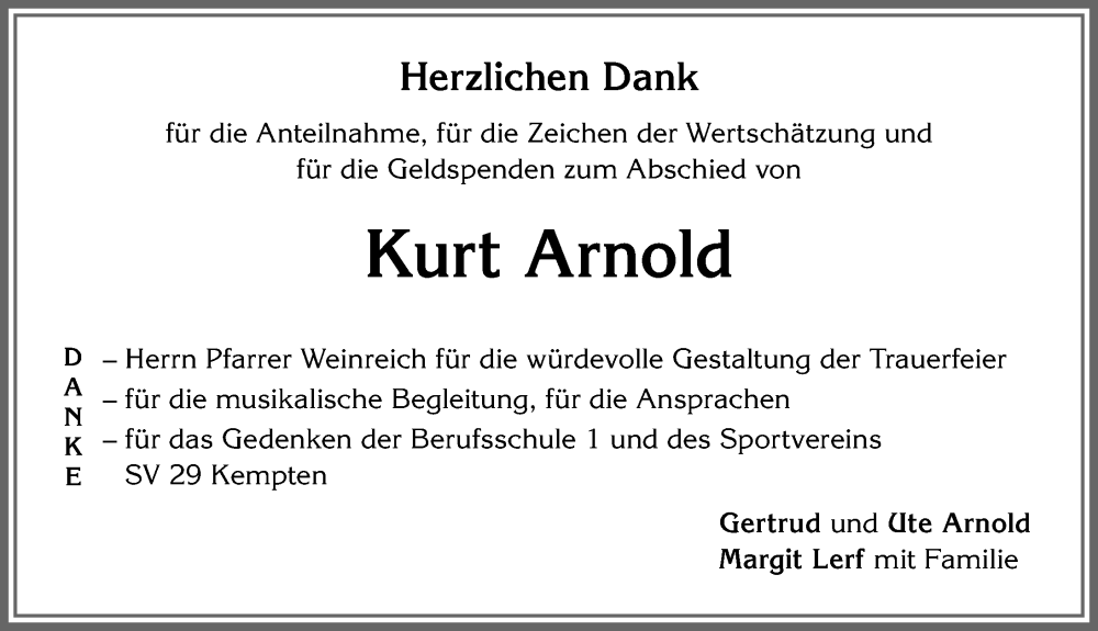 Traueranzeige von Kurt Arnold von Allgäuer Zeitung,Kempten