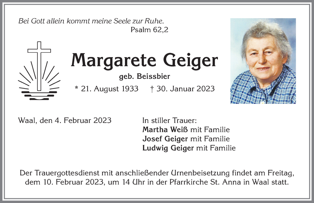 Traueranzeigen von Margarete Geiger | Augsburger Allgemeine Zeitung