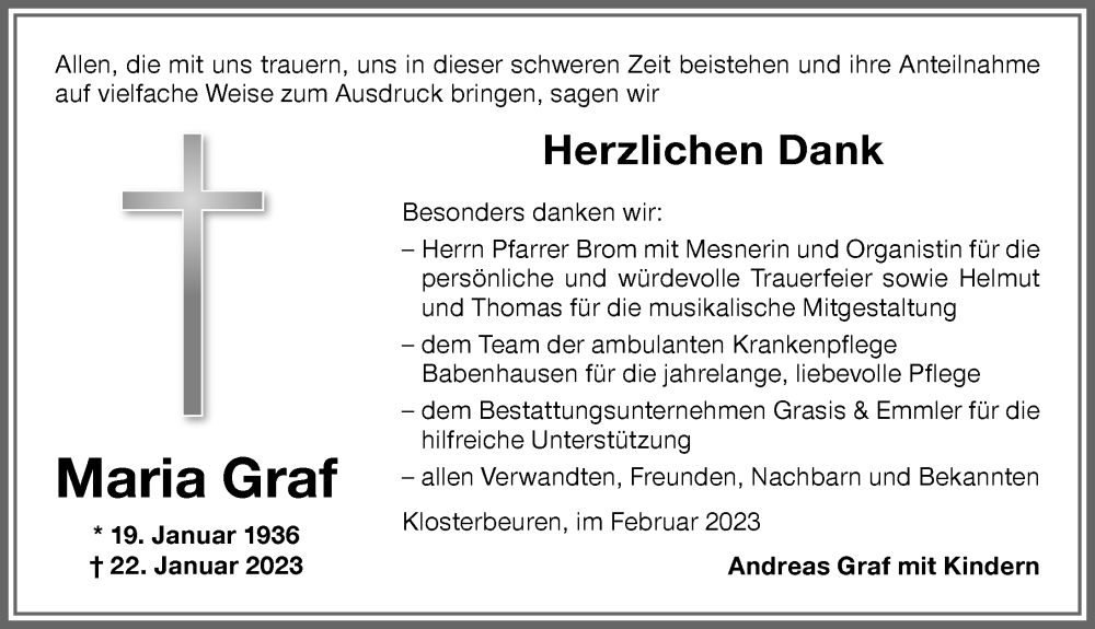  Traueranzeige für Maria Graf vom 10.02.2023 aus Memminger Zeitung