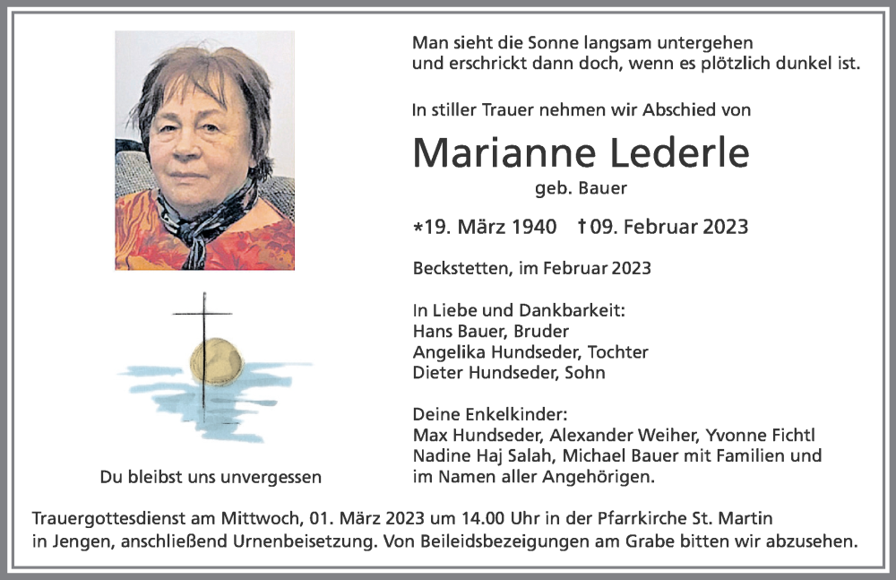 Traueranzeige von Marianne Lederle von Allgäuer Zeitung, Kaufbeuren/Buchloe