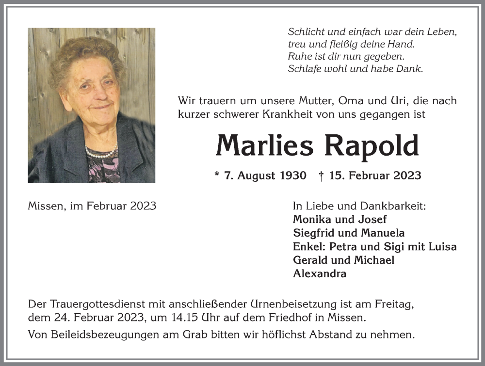 Traueranzeige von Marlies Rapold von Allgäuer Anzeigeblatt