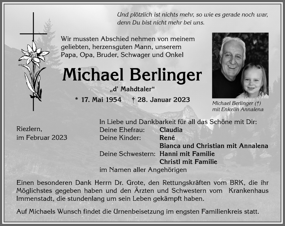 Traueranzeigen von Michael Berlinger | Augsburger Allgemeine Zeitung