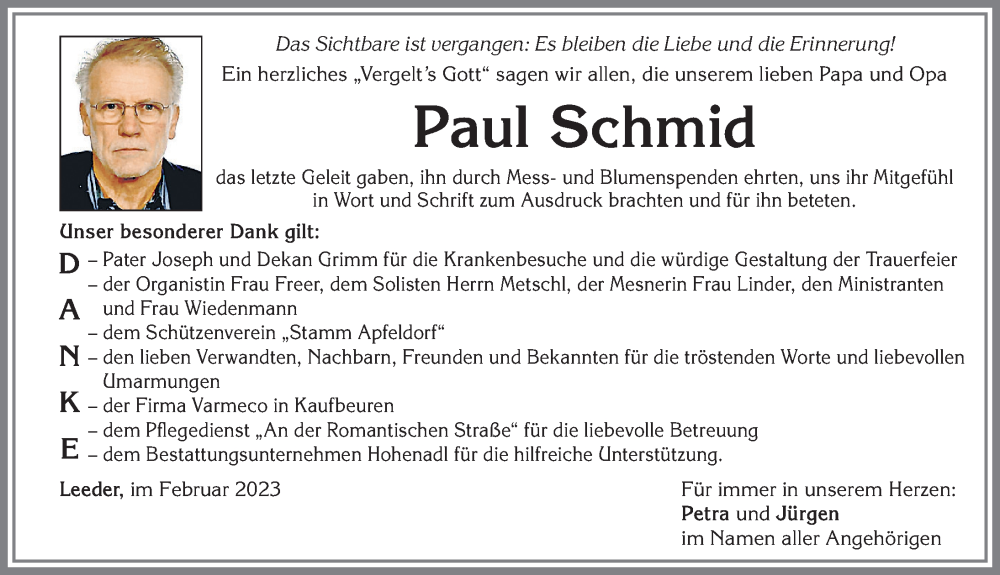  Traueranzeige für Paul Schmid vom 04.02.2023 aus Allgäuer Zeitung, Kaufbeuren/Buchloe