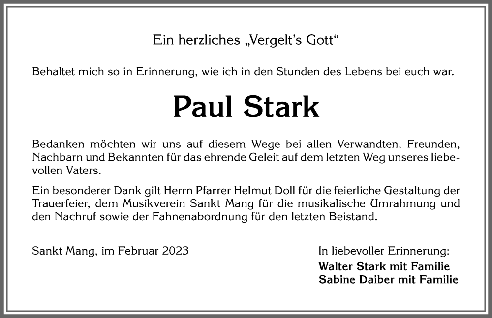 Traueranzeige von Paul Stark von Allgäuer Zeitung,Kempten