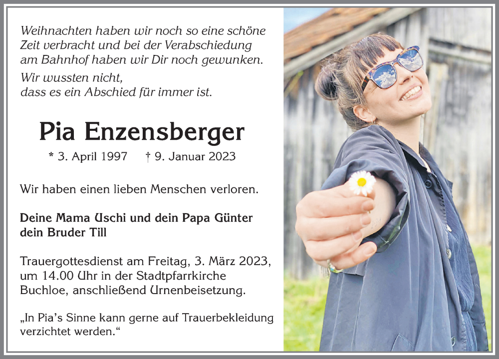  Traueranzeige für Pia Enzensberger vom 25.02.2023 aus Mindelheimer Zeitung, Augsburger Allgemeine