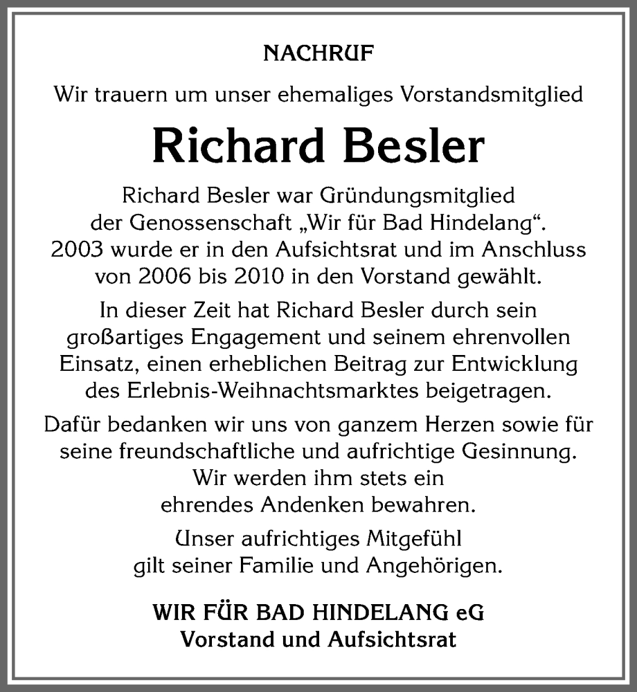 Traueranzeige von Richard Besler von Allgäuer Anzeigeblatt