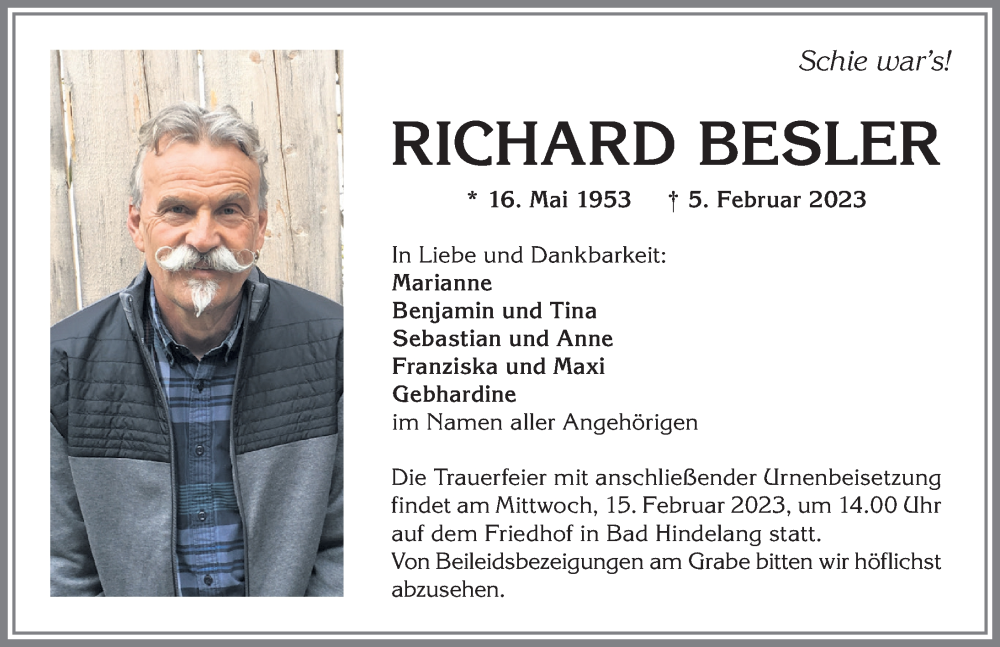 Traueranzeige von Richard Besler von Allgäuer Anzeigeblatt