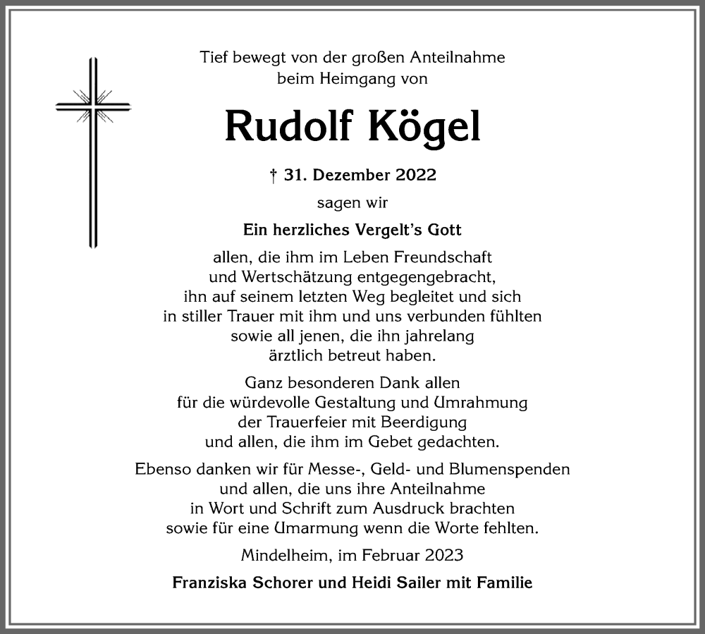 Traueranzeige für Rudolf Kögel vom 15.02.2023 aus Allgäuer Anzeigeblatt