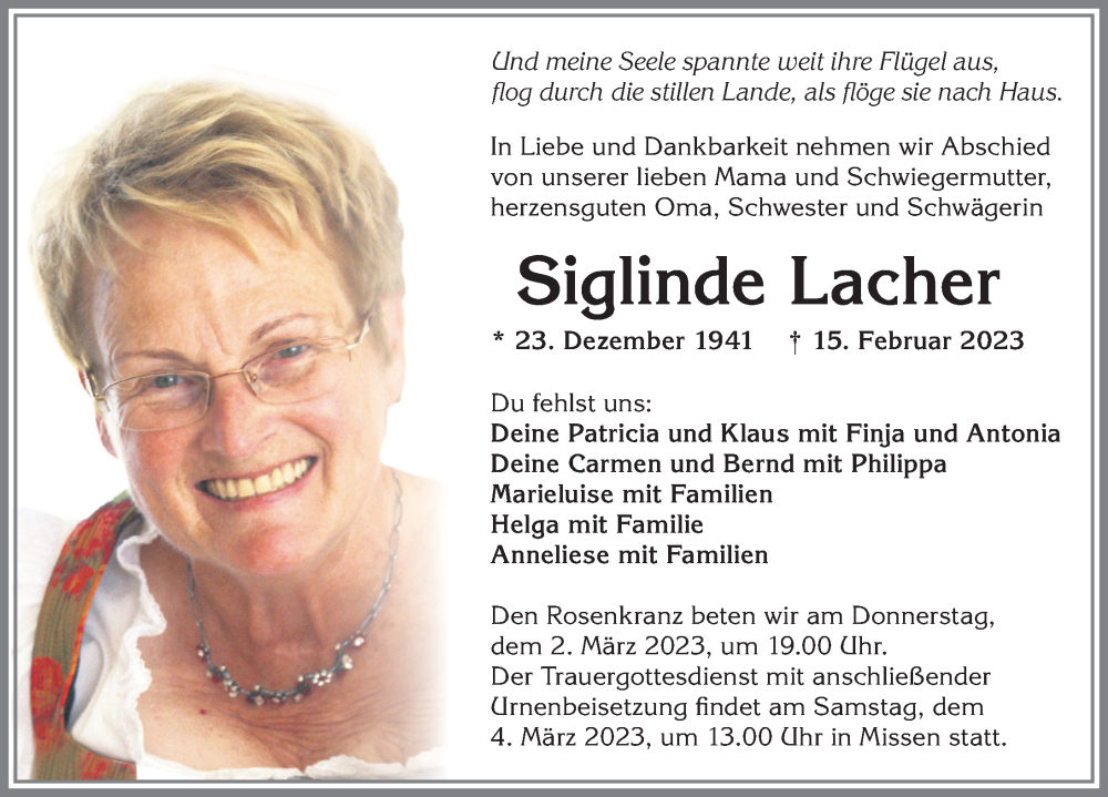 Traueranzeige von Siglinde Lacher von Allgäuer Anzeigeblatt