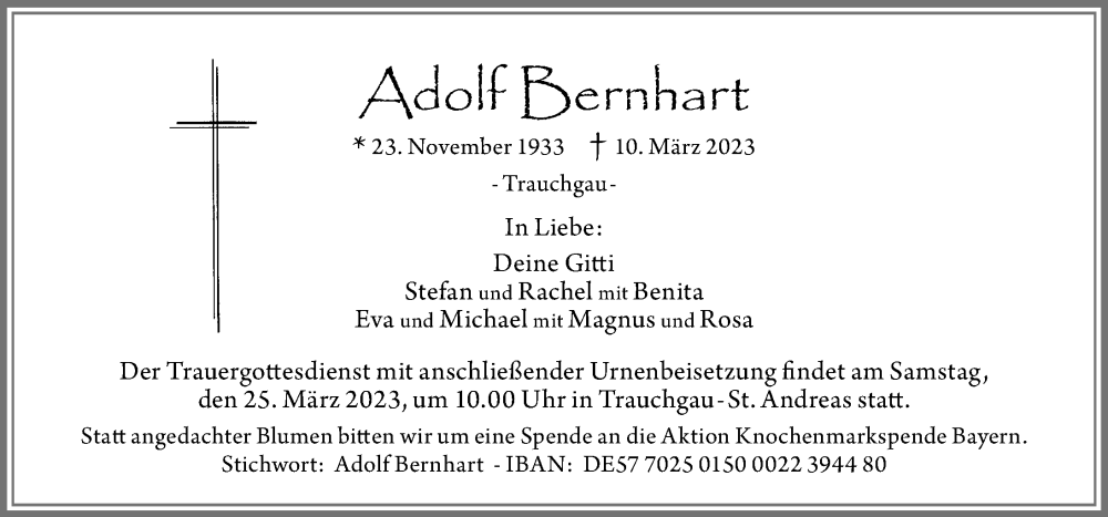  Traueranzeige für Adolf Bernhart vom 21.03.2023 aus Neuburger Rundschau, Augsburger Allgemeine