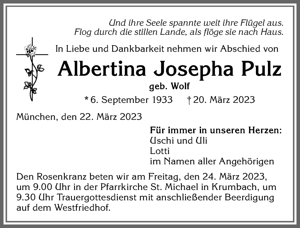 Traueranzeige von Albertina Josepha Pulz von Augsburger Allgemeine, Mittelschwäbische Nachrichten