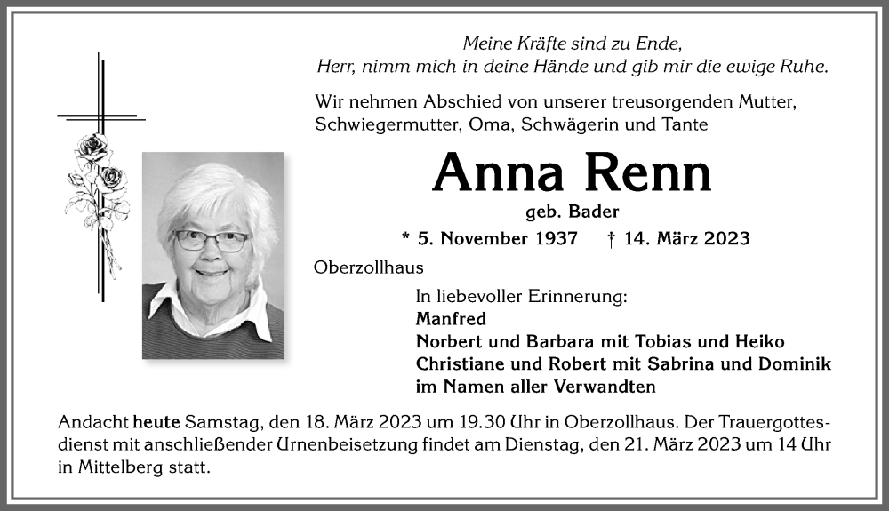 Traueranzeige von Anna Renn von Allgäuer Zeitung,Kempten