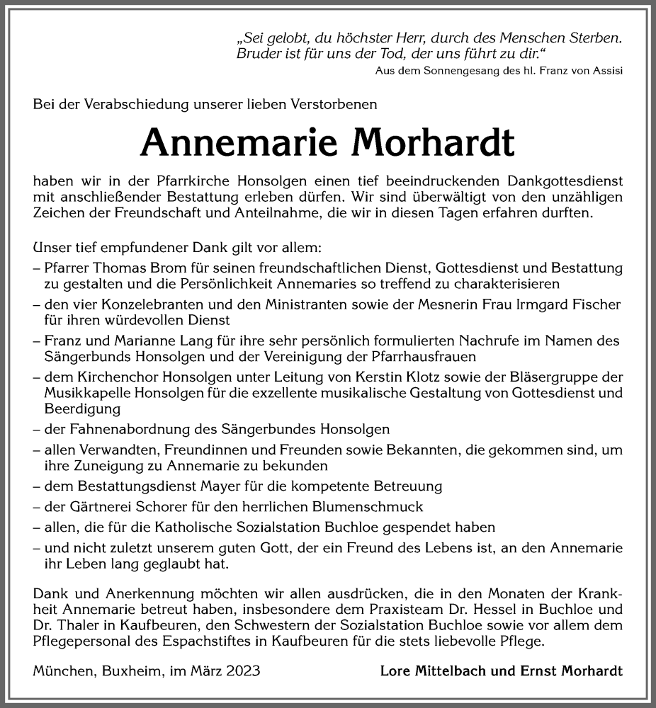 Traueranzeige von Annemarie Morhardt von Allgäuer Zeitung, Kaufbeuren/Buchloe