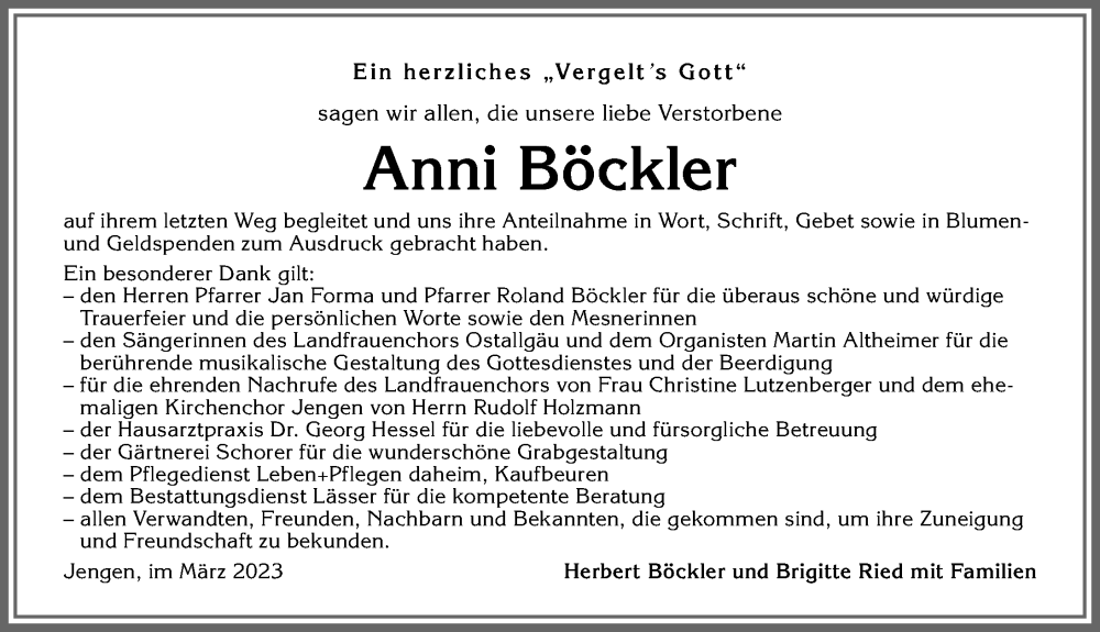 Traueranzeige von Anni Böckler von Allgäuer Zeitung, Kaufbeuren/Buchloe