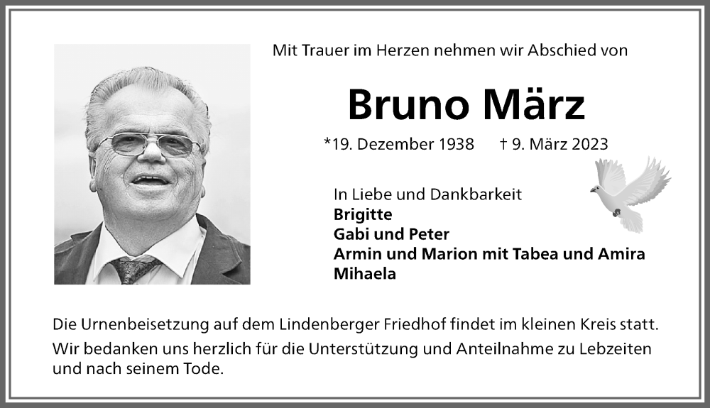 Traueranzeige von Bruno März von Mindelheimer Zeitung, Augsburger Allgemeine
