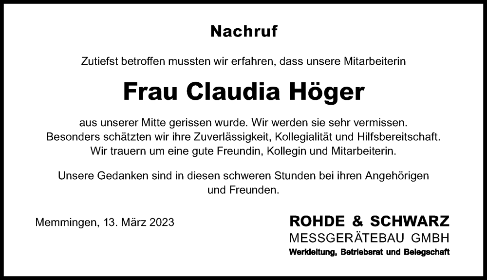 Traueranzeige von Claudia Höger von Memminger Zeitung