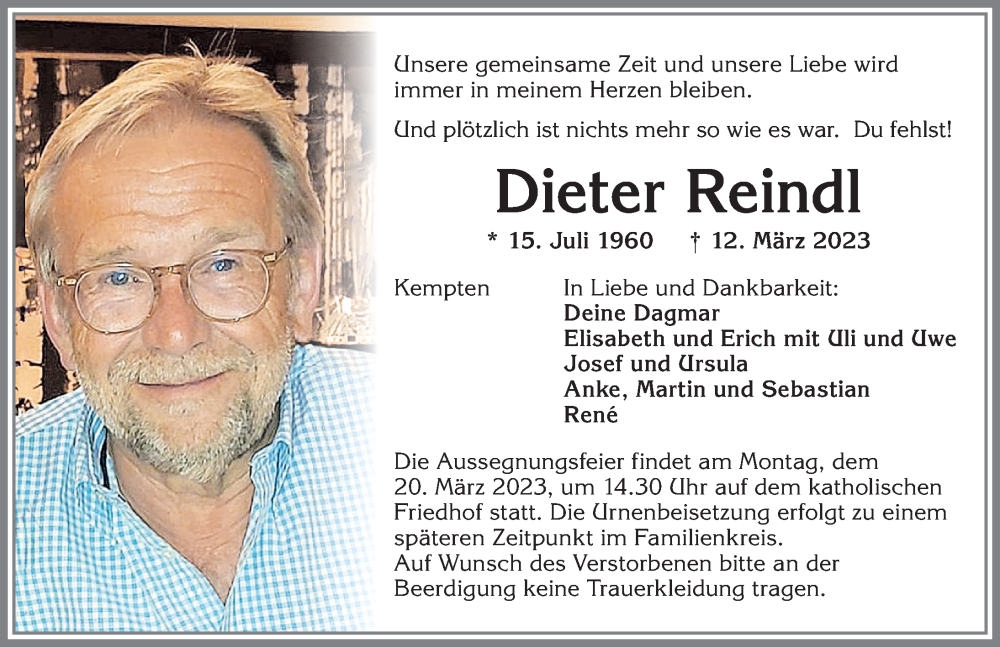 Traueranzeige von Dieter Reindl von Allgäuer Zeitung,Kempten