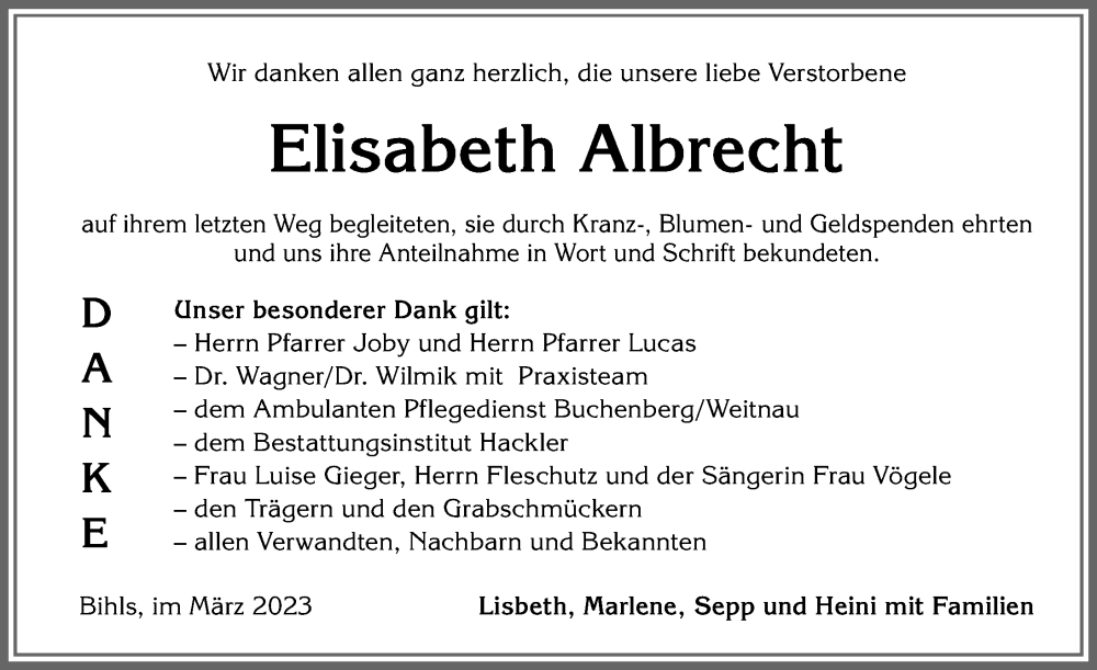 Traueranzeige von Elisabeth Albrecht von Allgäuer Zeitung,Kempten