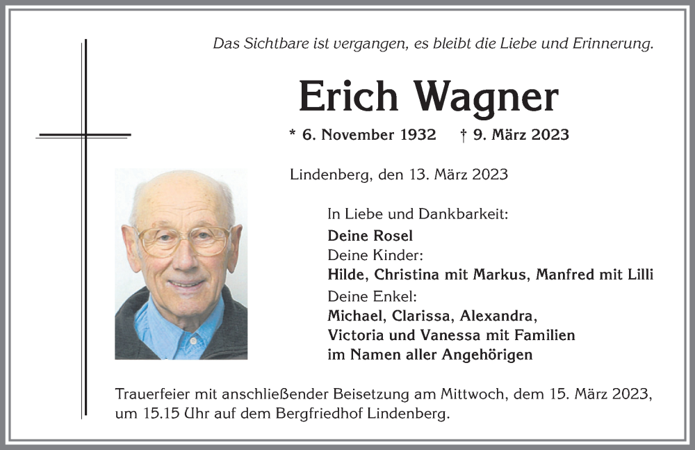 Traueranzeige von Erich Wagner von Der Westallgäuer