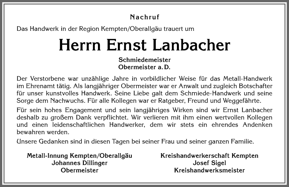 Traueranzeige von Ernst Lanbacher von Allgäuer Anzeigeblatt