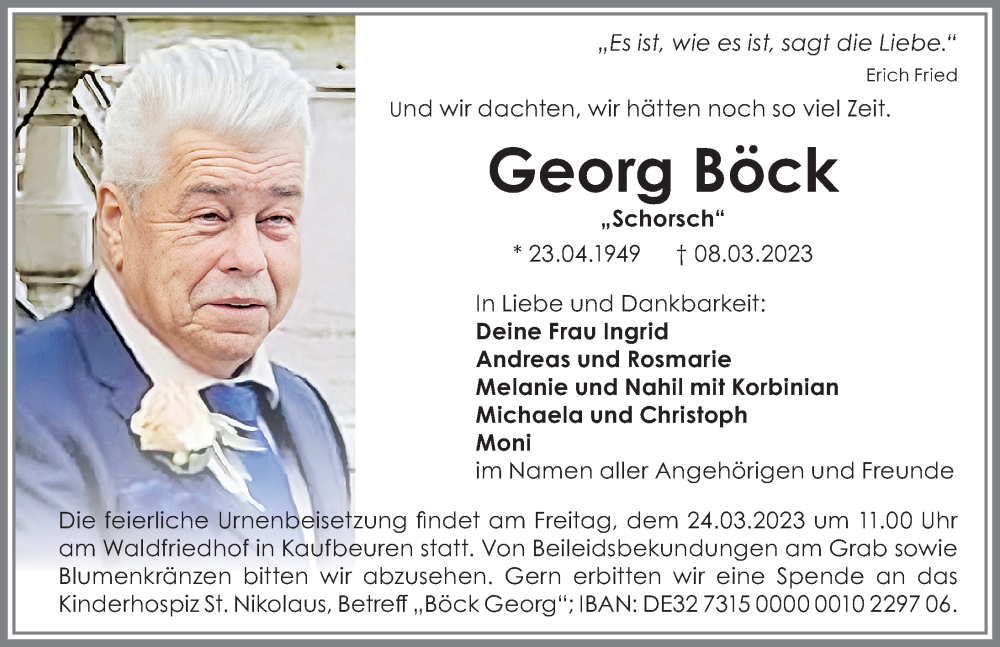 Traueranzeige für Georg Böck vom 21.03.2023 aus Landsberger Tagblatt, Augsburger Allgemeine