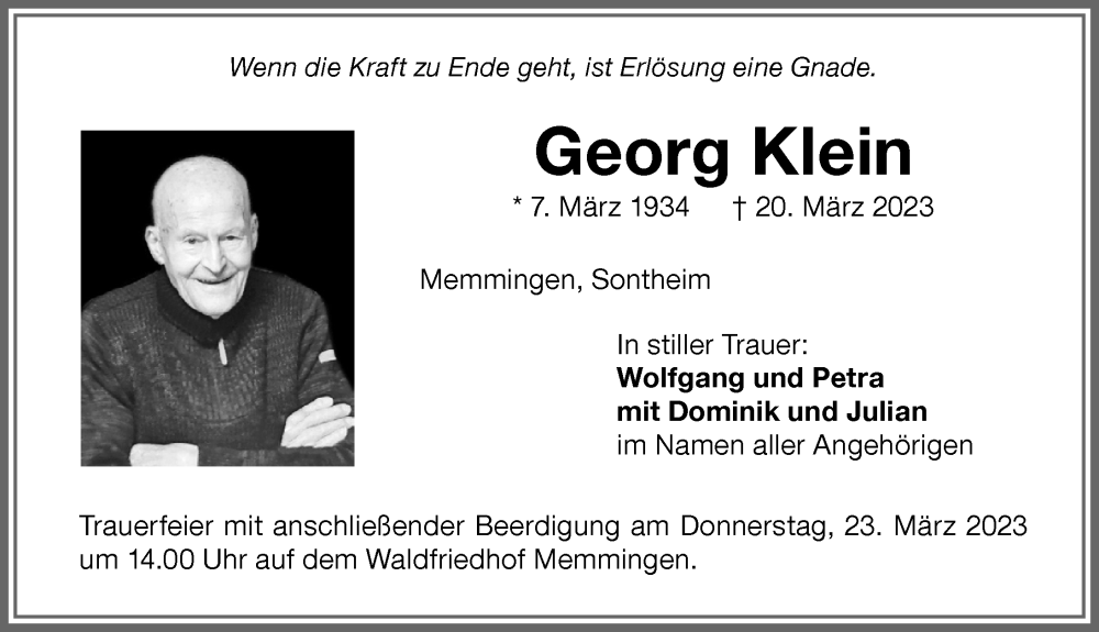 Traueranzeige von Georg Klein von Memminger Zeitung