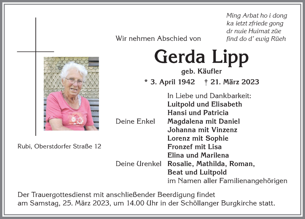 Traueranzeige von Gerda Lipp von Allgäuer Anzeigeblatt