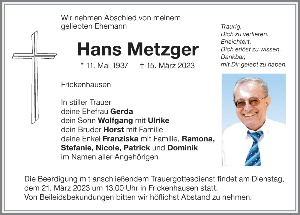 Traueranzeige von Hans Metzger von Memminger Zeitung