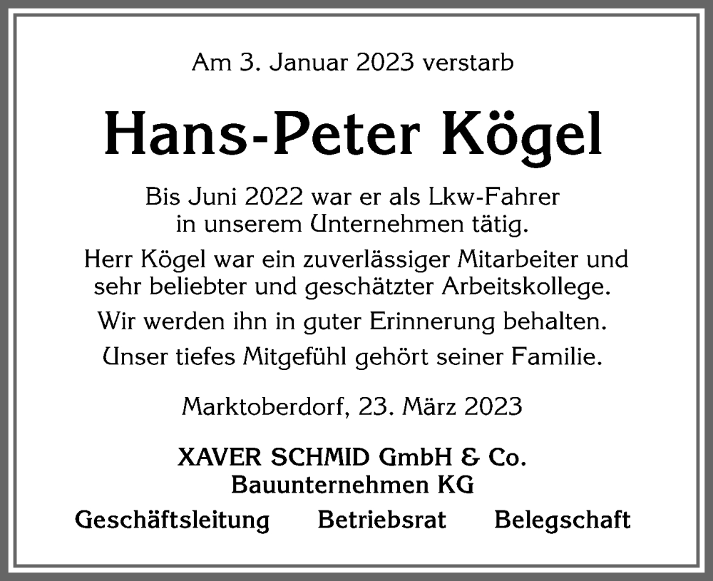 Traueranzeige von Hans-Peter Kögel von Allgäuer Zeitung, Marktoberdorf