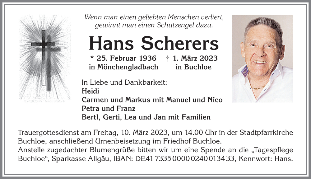 Traueranzeige von Hans Scherers von Allgäuer Zeitung, Kaufbeuren/Buchloe