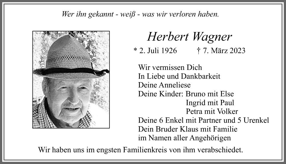 Traueranzeige von Herbert Wagner von Allgäuer Zeitung, Füssen