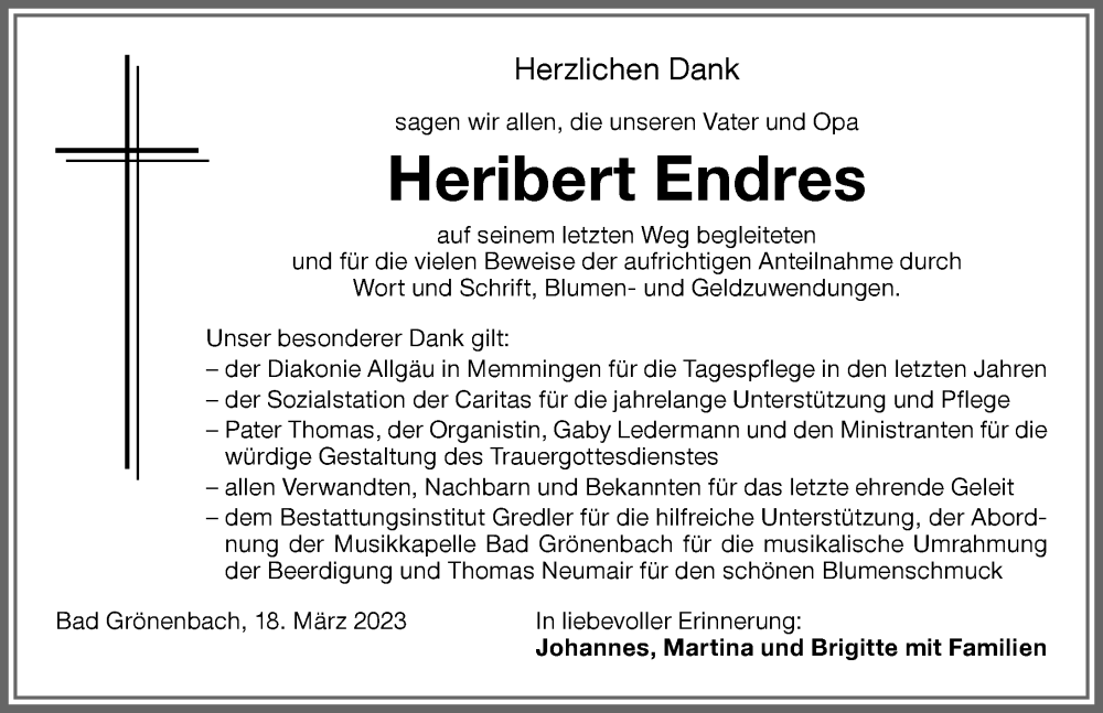 Traueranzeige von Heribert Endres von Memminger Zeitung