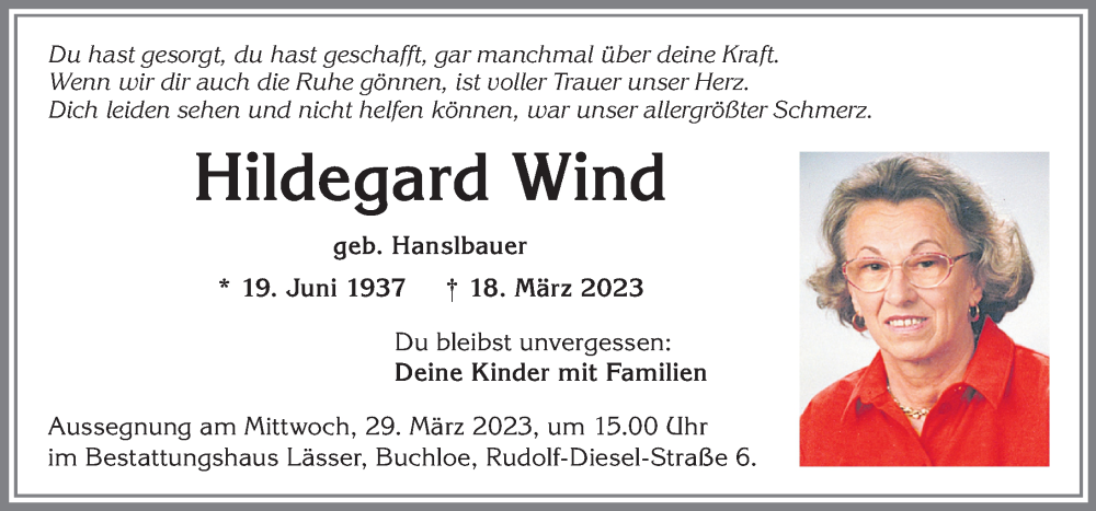 Traueranzeige von Hildegard Wind von Allgäuer Zeitung, Kaufbeuren/Buchloe