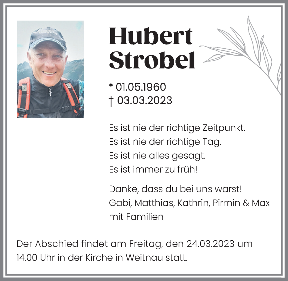Traueranzeige von Hubert Strobel von Allgäuer Zeitung,Kempten