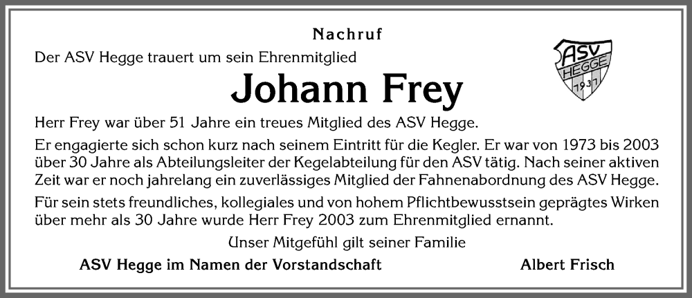 Traueranzeige von Johann Frey von Allgäuer Zeitung,Kempten