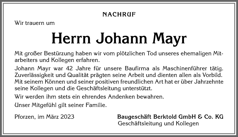  Traueranzeige für Johann Mayr vom 28.03.2023 aus Allgäuer Zeitung, Kaufbeuren/Buchloe