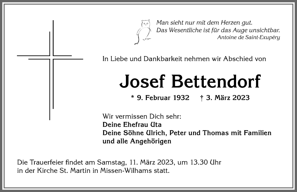 Traueranzeige von Josef Bettendorf von Allgäuer Zeitung,Kempten