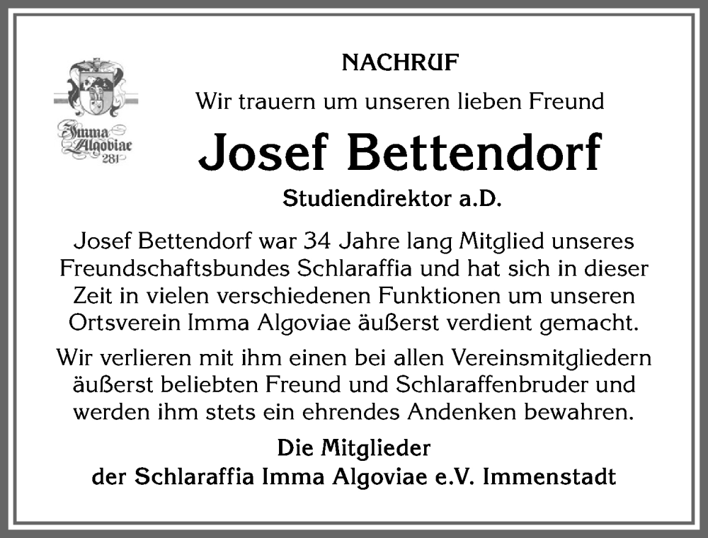 Traueranzeige von Josef Bettendorf von Allgäuer Anzeigeblatt