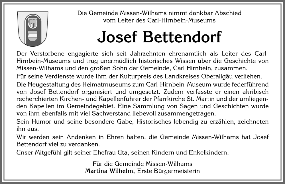 Traueranzeige von Josef Bettendorf von Allgäuer Anzeigeblatt