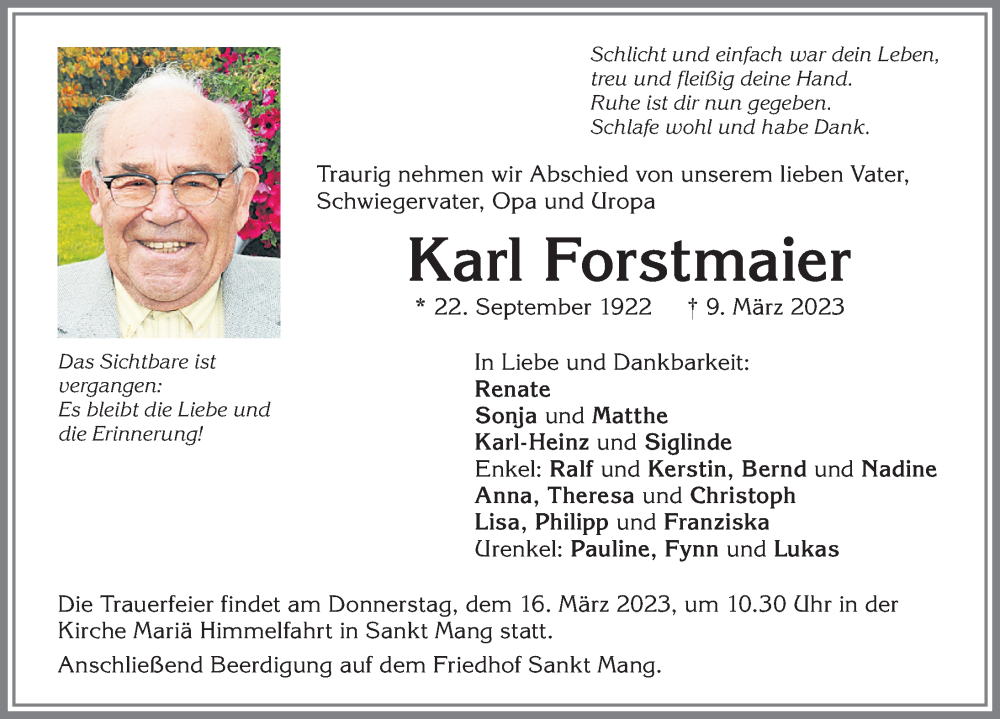 Traueranzeige von Karl Forstmaier von Allgäuer Zeitung,Kempten