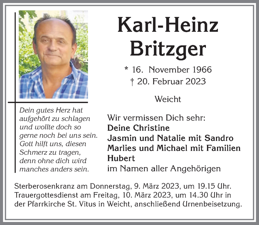 Traueranzeige von Karl-Heinz Britzger von Allgäuer Zeitung, Kaufbeuren/Buchloe