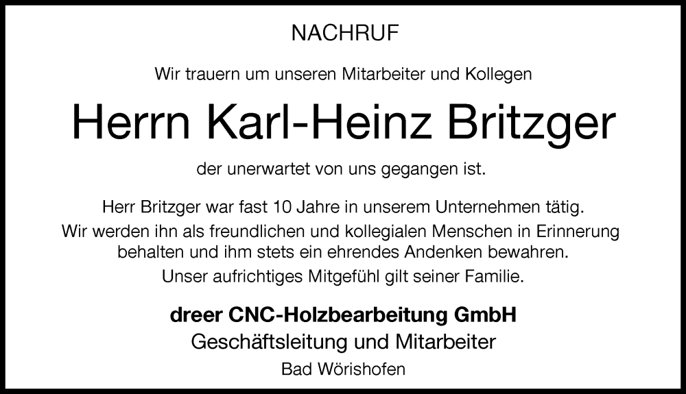 Traueranzeige von Karl-Heinz Britzger von Allgäuer Zeitung, Kaufbeuren/Buchloe