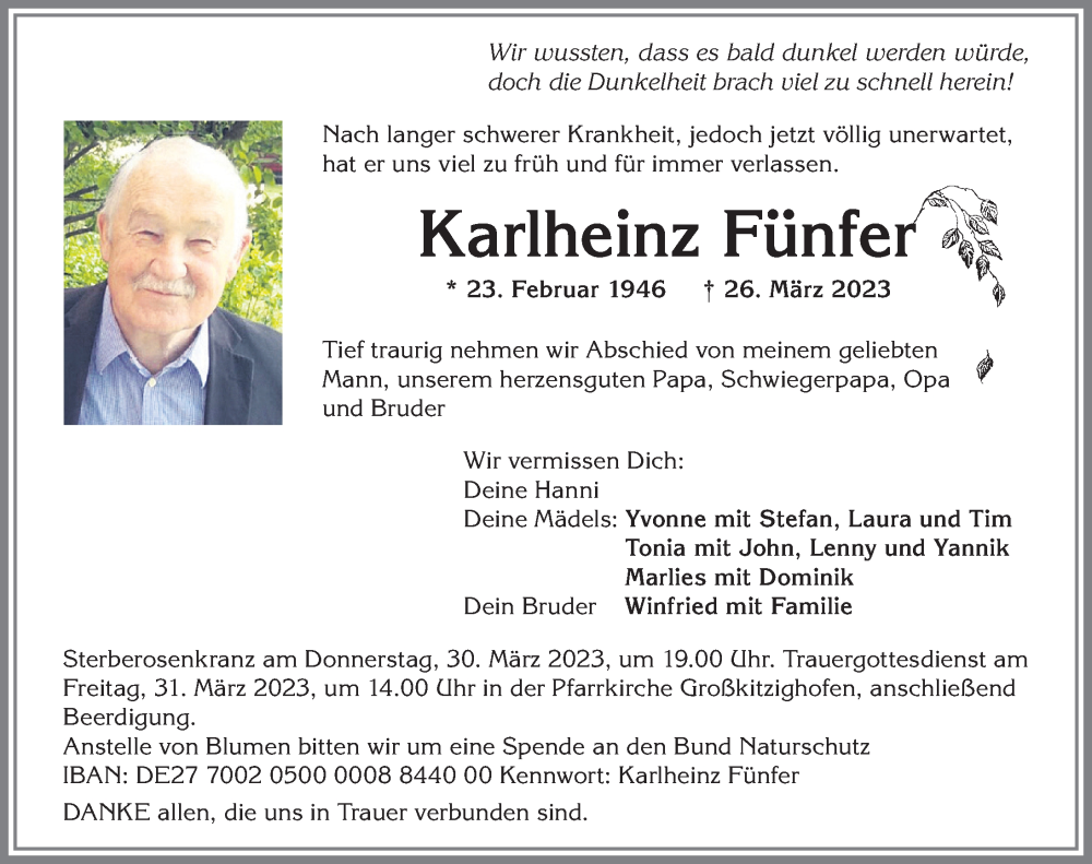  Traueranzeige für Karlheinz Fünfer vom 29.03.2023 aus Allgäuer Zeitung, Kaufbeuren/Buchloe