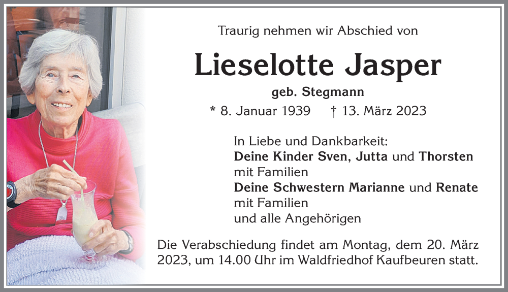 Traueranzeige von Lieselotte Jasper von Allgäuer Zeitung, Kaufbeuren/Buchloe
