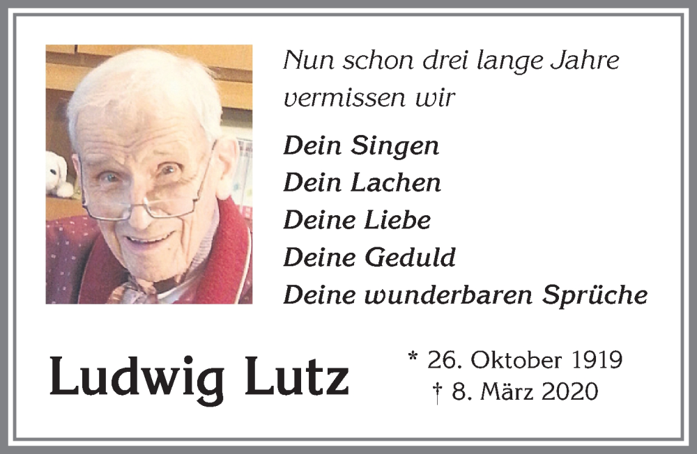 Traueranzeige von Ludwig Lutz von Mindelheimer Zeitung, Augsburger Allgemeine