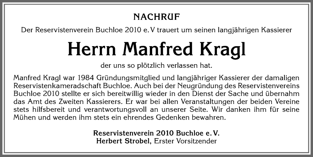 Traueranzeige von Manfred Kragl von Allgäuer Zeitung, Kaufbeuren/Buchloe